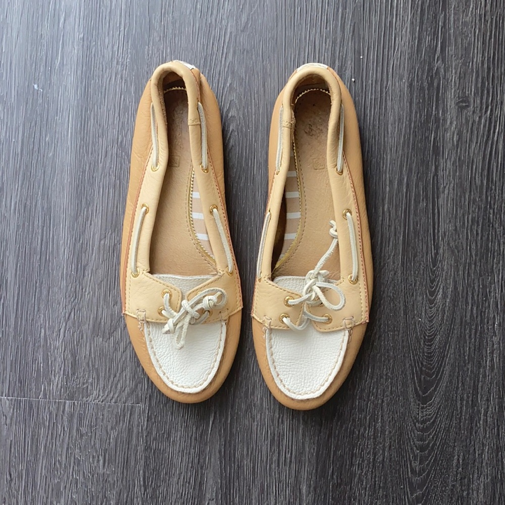 Sperry Top-Siders, Tan/White/Gold, Size 7.5
